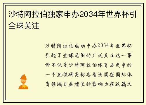 沙特阿拉伯独家申办2034年世界杯引全球关注